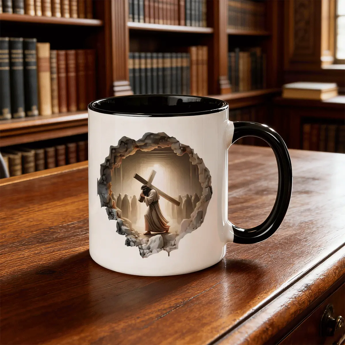 3D Jesus Carrying Cross Mug with Cracked Wall Effect - 11oz Religious Christian Sublimation Design, High-Quality Print for Christmas, Valentine's, Thanksgiving, Father's Day - Inspirational Gift