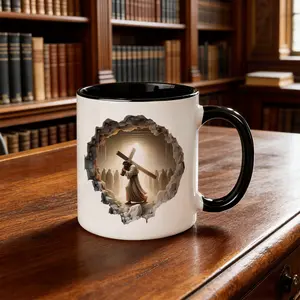 3D Jesus Carrying Cross Mug with Cracked Wall Effect - 11oz Religious Christian Sublimation Design, High-Quality Print for Christmas, Valentine's, Thanksgiving, Father's Day - Inspirational Gift
