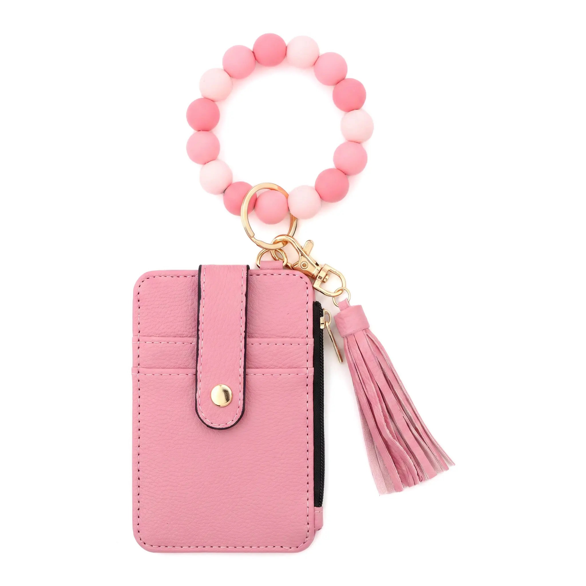 2-Piece Silicone ID Card Holder Wallet Cute Keychain Accessories Modern Minimalist Card Case Beaded Bracelet Gift For Women Mens Mint Green Pink Purple Khaki