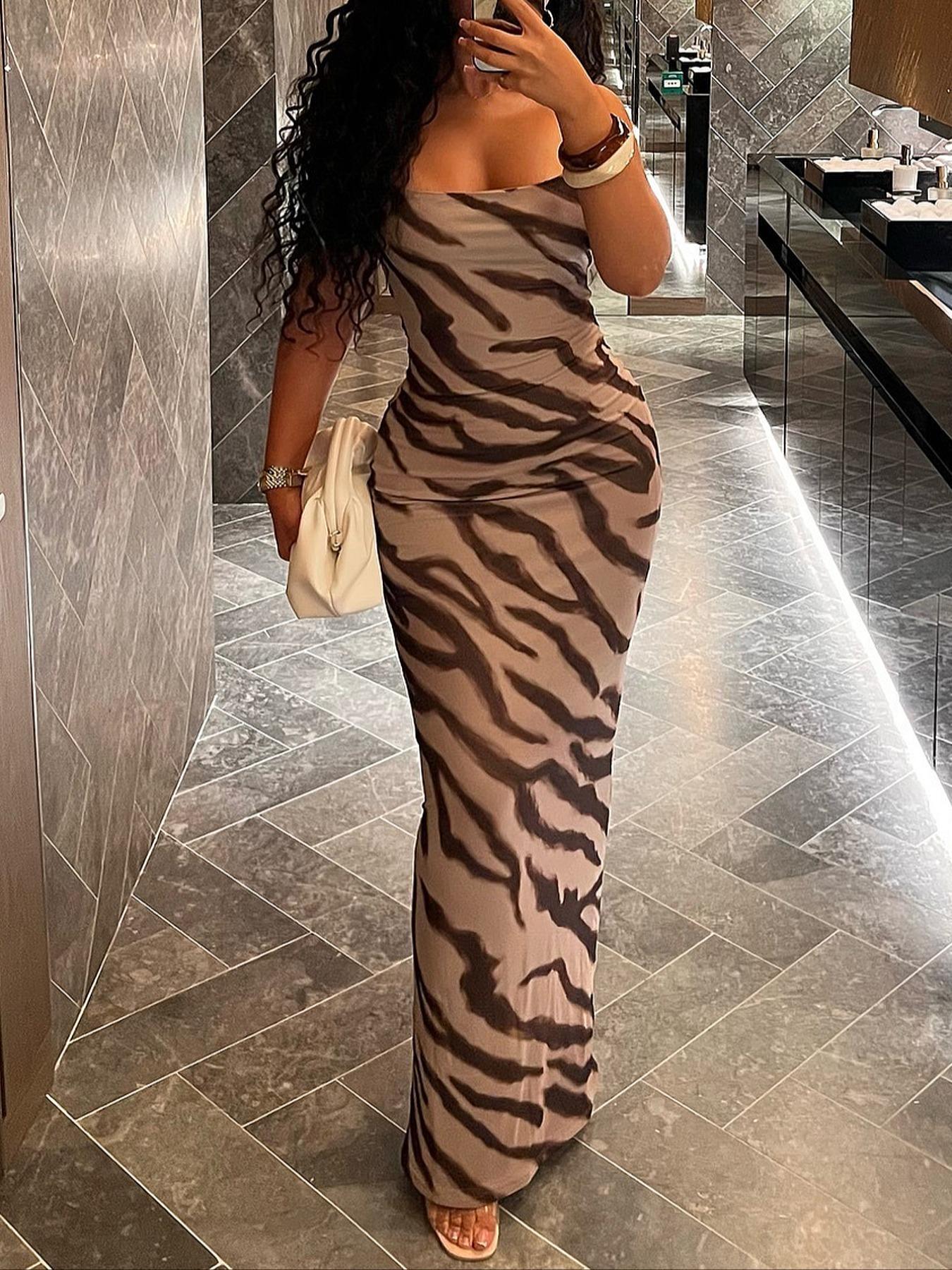 Women's Zebra Striped Print Cami Dress, Chic Casual Sleeveless Spaghetti Strap Long Dress for Party Club Dating Wear, Ladies Summer Clothes, Elegant Sleeveless Gown, Womenswear