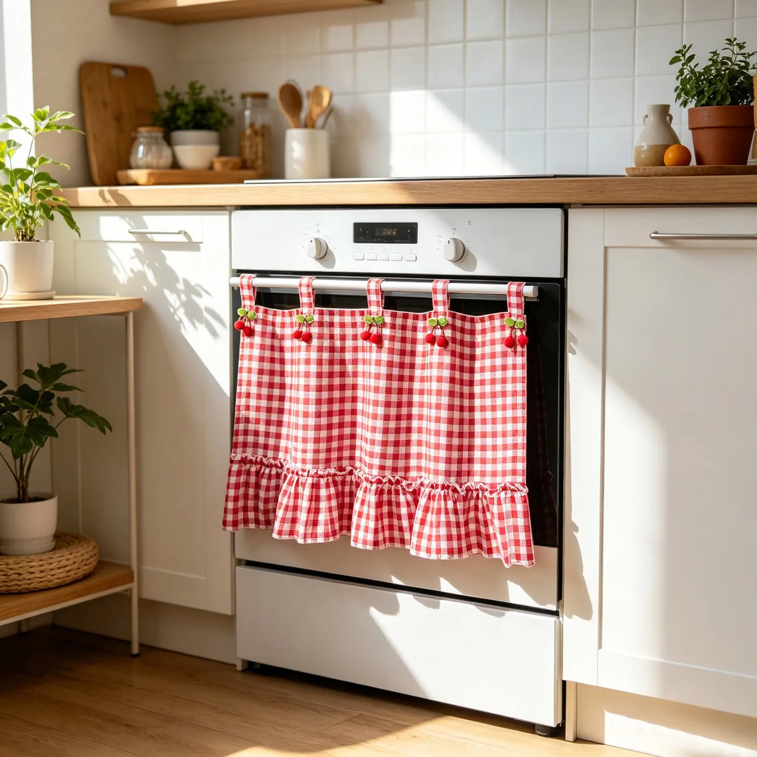 1 Panel Red White Gingham Oven Door Curtain with Felt Cherry Decor, Self-Adhesive Tab Top Short Curtain, Ruffled Hem Farmhouse Curtains for Cabinet Window Valance for Kitchen Cafe Curtain, Dishwasher Skirt Curtain, Laundry Room Home Decoration Curtain