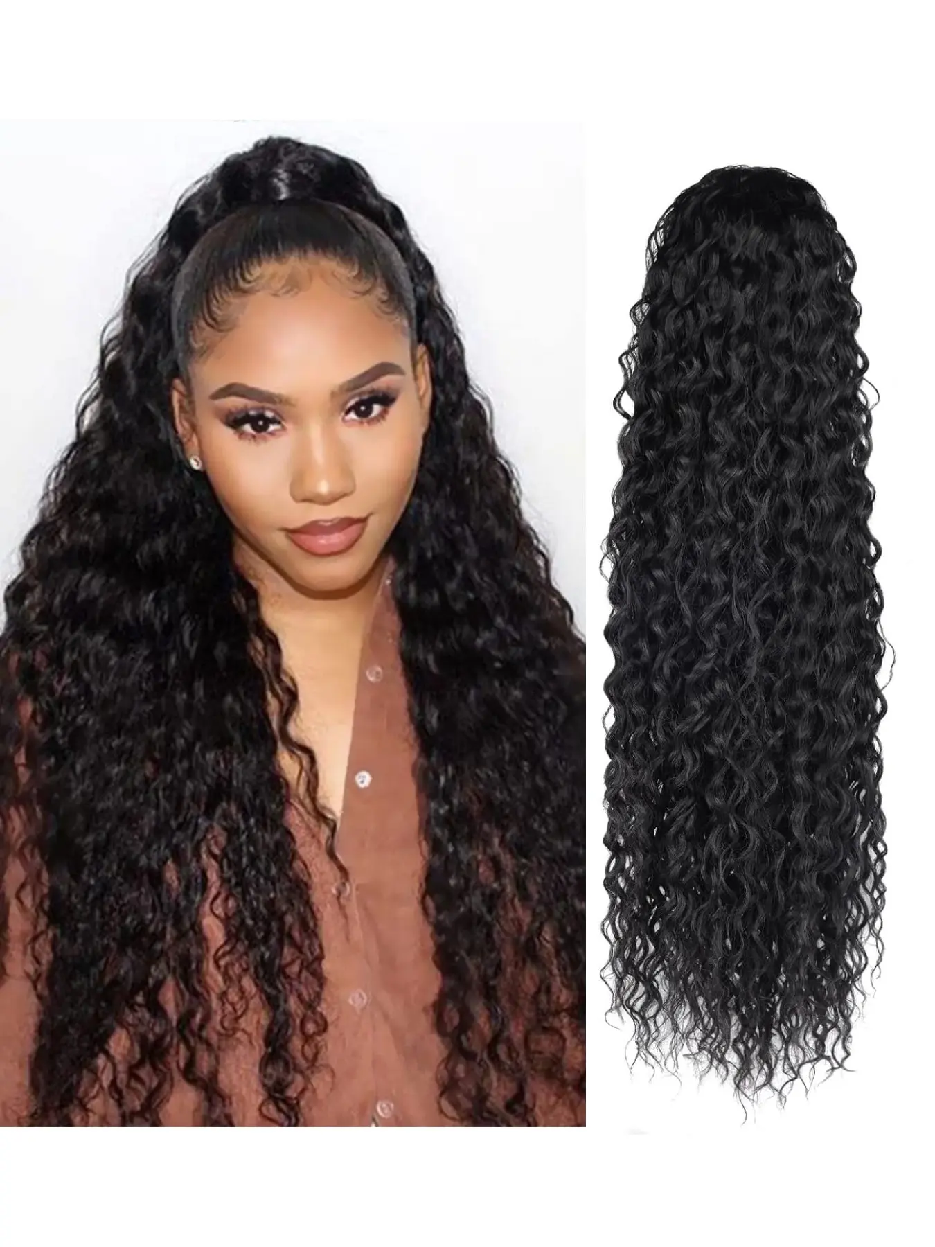 24 Inch Curly Ponytail Extensions Synthetic Deep Wave Drawstring Ponytail For Women Human Hair Feeling With Clip In Thick Ponytail Hair Natural Brown Hairpiece