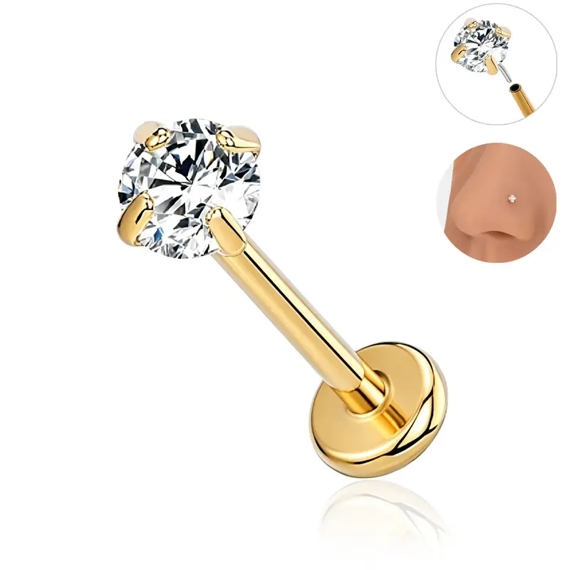 2PCS 16G Hypoallergenic Geometric CZ Stud Earrings Set - Gold Prong Setting, Unisex Style, Titanium Internally Threaded Basic Body Jewelry for Everyday Wear, Nose, Lip, Eyebrow Piercings