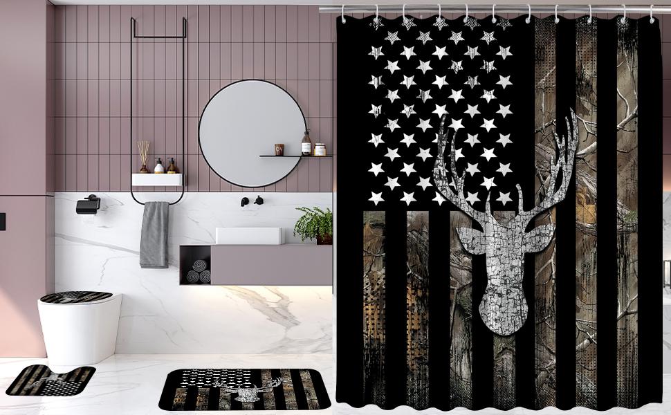 American Flag Elk Shower Curtain Set, Forest Animal Shower Curtain, Rustic Black Bathroom Decor Set,  Party Backdrop, 71 * 71 inches, 12 Plastic Hooks Deer Head Motif Easy To Install