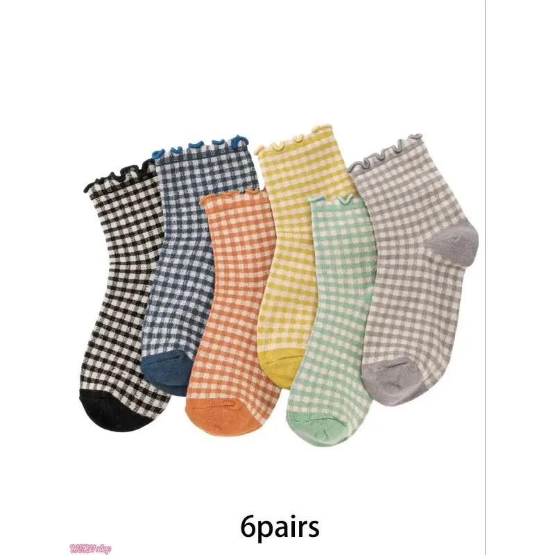 [SummerWins]6 pairs of retro plaid mid tube socks with cute colorful plaid lace Fitted socks suitable for women's daily sports and leisure Womenswear socks Casual daily socks