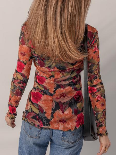 Floral Print Mesh Long Sleeve Top, Women's Casual Round Neck Ruffle Hem Blouse, Spring & Fall Fashion