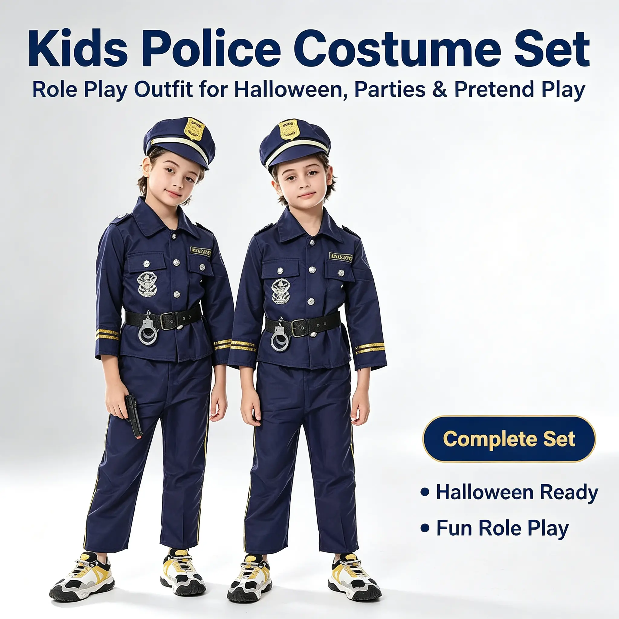Kids Police Costume Set | Navy Cop Uniform with Hat, Belt, Badge and Toy Gun for Halloween, Career Day & School Stage Shows