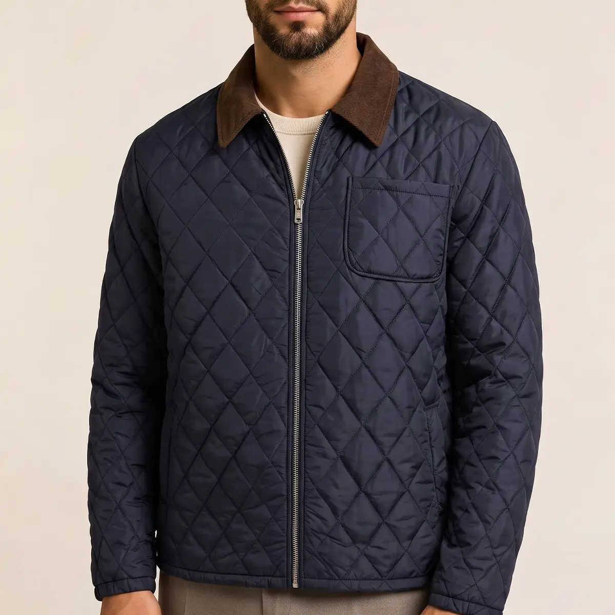Men's Diamond Quilted Zipper Jacket, paired with a contrasting brown corduroy collar, is a casual and lightweight warm jacket. It features a large square chest pocket, elastic cuffs, and a vintage style jacket, suitable for daily commuting, weekend travel