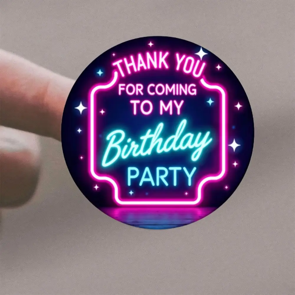 72 Neon Birthday Party Thank You Stickers, Decorative Stickers, and Blue Neon Border, Stars and Text, Perfect for Birthday Gifts and Party Decorations