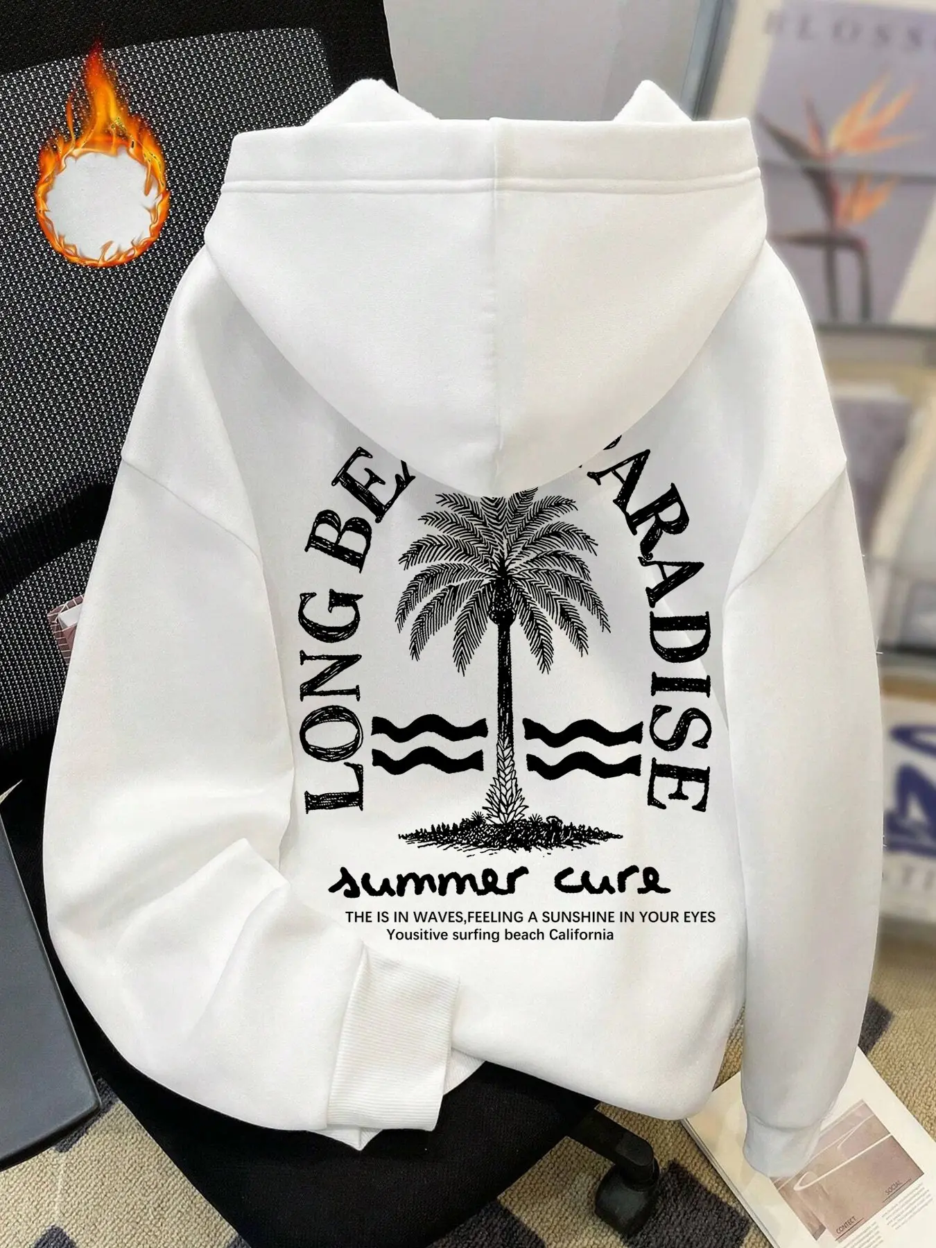 California Long Beach Palm Tree Print Hoodie, Durable Wrinkle-Resistant Fabric, Asymmetrical Design, Casual Spring & Fall Sweatshirt