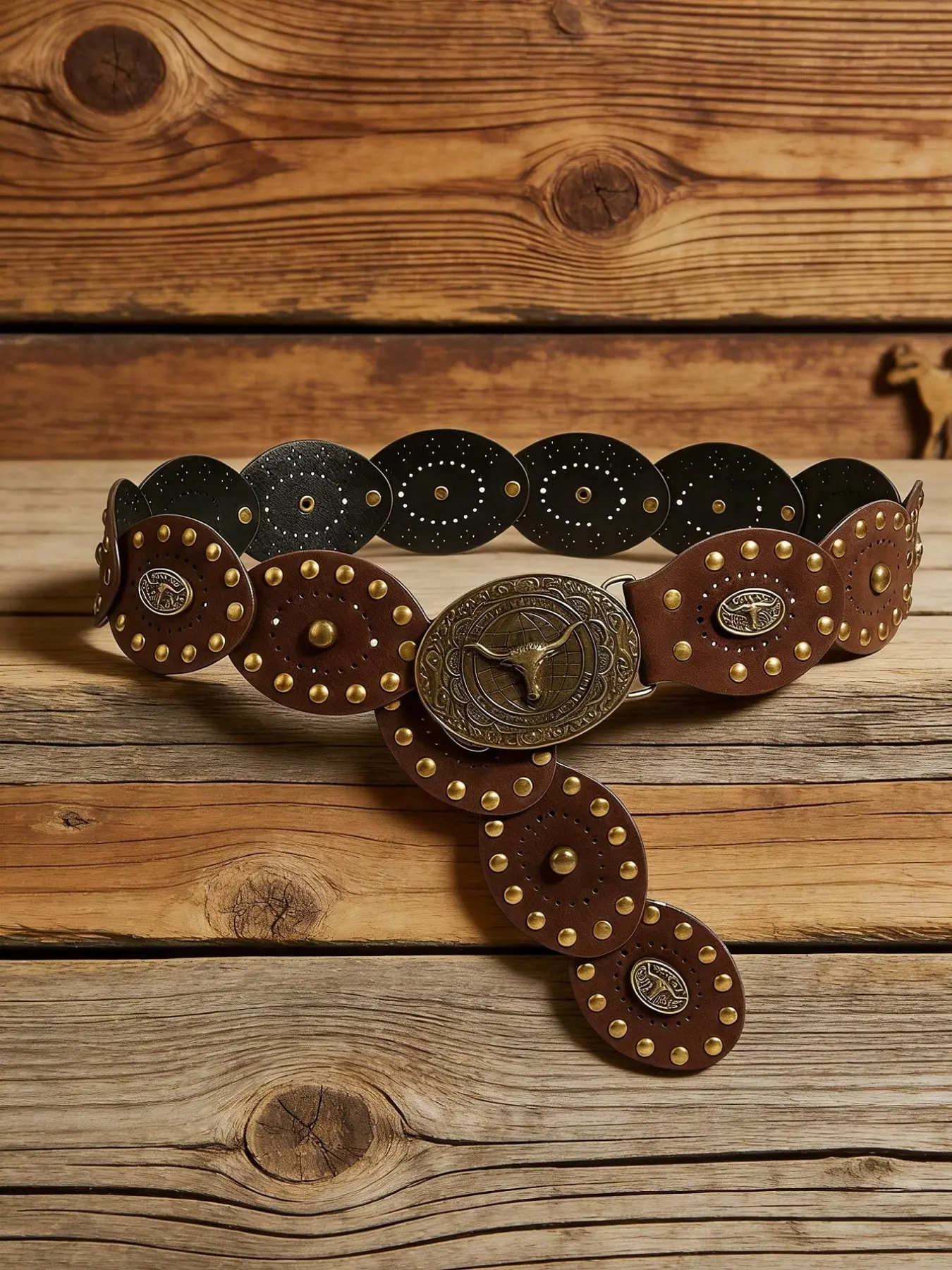 Boho Patchwork Belt for Women, Cowgirl Boho Belt, Western Cowboy Belts, Wide Western Retro Belt with Bull Head Rivets, Perfect for Bikinis, Skirts, Dresses, Pants