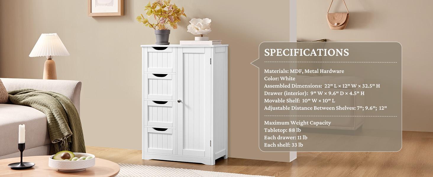 Wooden Floor Cabinet, Side Storage Organizer with 4 Drawers and 1 Cupboard, Freestanding Entryway Storage Unit Console Table, Bathroom Furniture Home Decor, White
