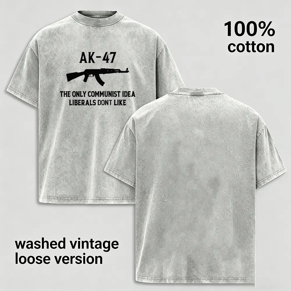 Men's 100% Cotton Washed Vintage Oversized Loose-Fit Shortsleeve Tshirt - Round Neck, Classic Gun Graphic, Letter Slogan Print, Distressed Look, Unisex All Seasons Casual Streetwear Top