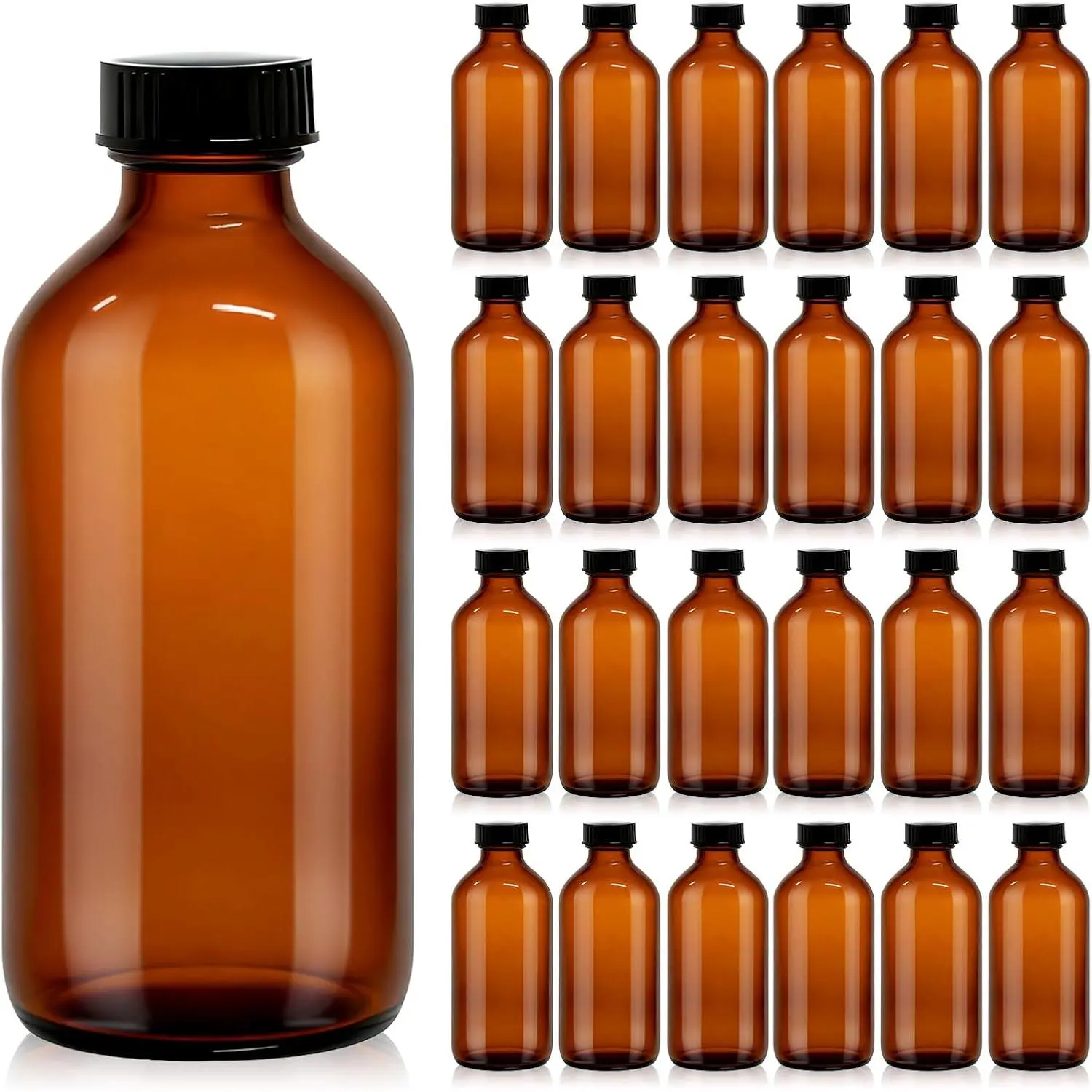 24 Pack 8 oz Amber Glass Boston Round Bottles with Phenolic Polycone Caps – Airtight, Leak-Proof Bottles for Vanilla Extract, Kombucha Brewing, Essential Oils, and Homemade Solutions