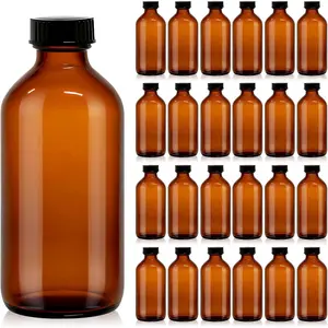 24 Pack 8 oz Amber Glass Boston Round Bottles with Phenolic Polycone Caps – Airtight, Leak-Proof Bottles for Vanilla Extract, Kombucha Brewing, Essential Oils, and Homemade Solutions