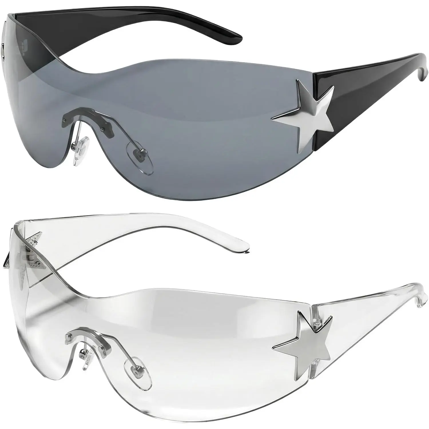 2 count Y2K Rimless Sunglasses for Women Men, Fashion Shield Wrap Around Sunglasses, 2000S Cool  Frameless Sun Glasses for  Outfits (Black, White)
