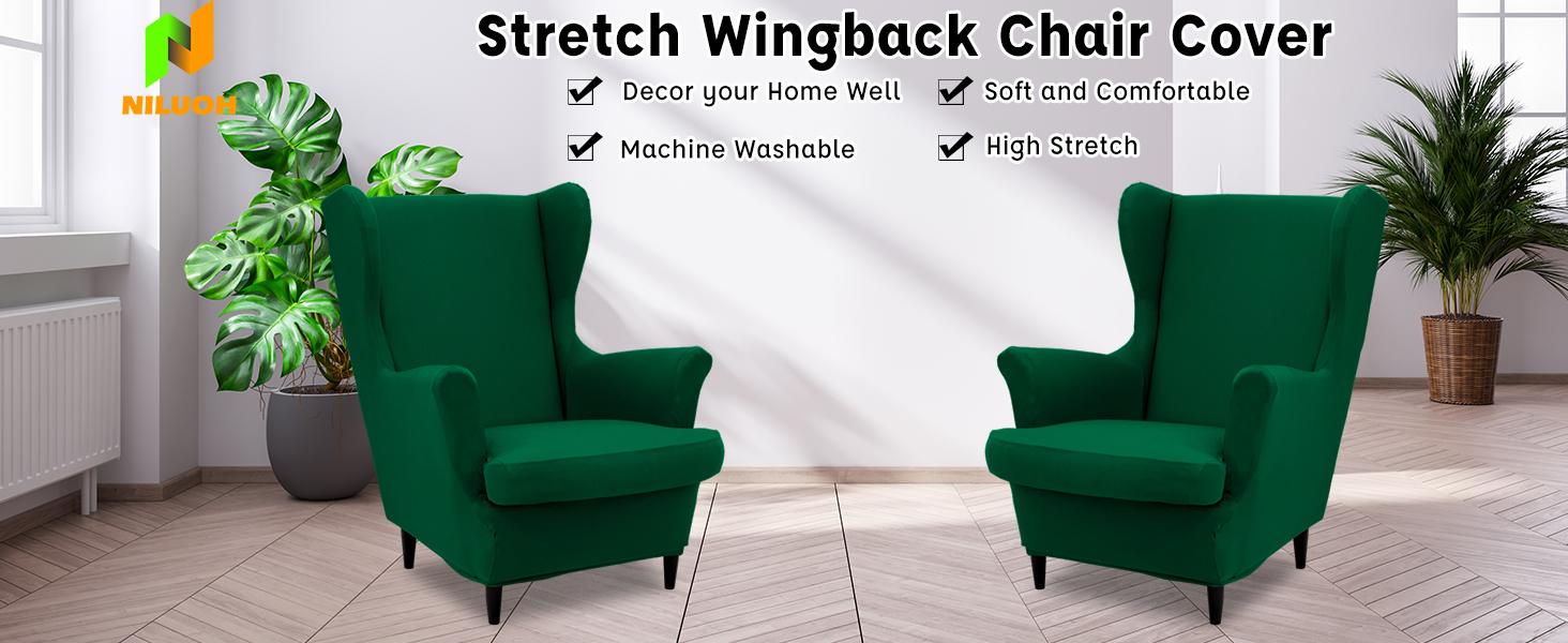 NILUOH Wingback Chair Cover 2-Piece Soft Stretch Wing Chair Slipcover Solid Color Armchair Sofa Couch Cover Furniture Protector with Elastic Bottom for Living Room Bedroom (Navy)