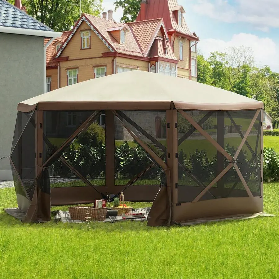 Gazebo Screen Tent, 10 X 10 Ft, 6-Sided Pop-Up Camping Canopy Shelter Tent with Mesh Windows, Portable Carry Bag, Ground Stakes, Large Shade Tents for Outdoor Camping, Lawn and Backyard Use.