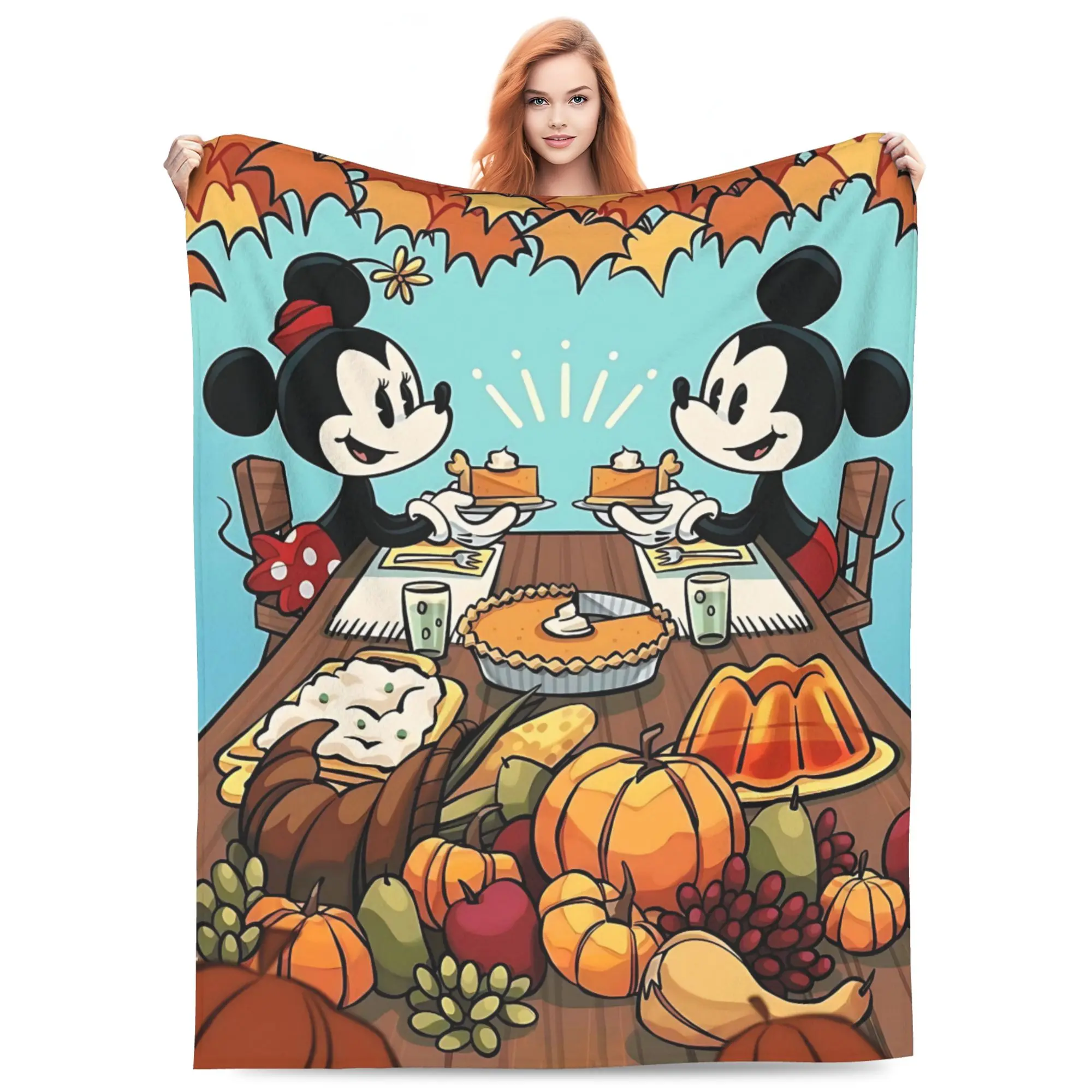DISNEY CLASSIC Mickey Minnie Thanksgiving Dinner Flannel Throw Blanket, Autumn Pumpkin Maple Leaf Cartoon Print Blanket, Soft Lightweight Cozy Blanket for Sofa Bedroom Holiday Home Decor