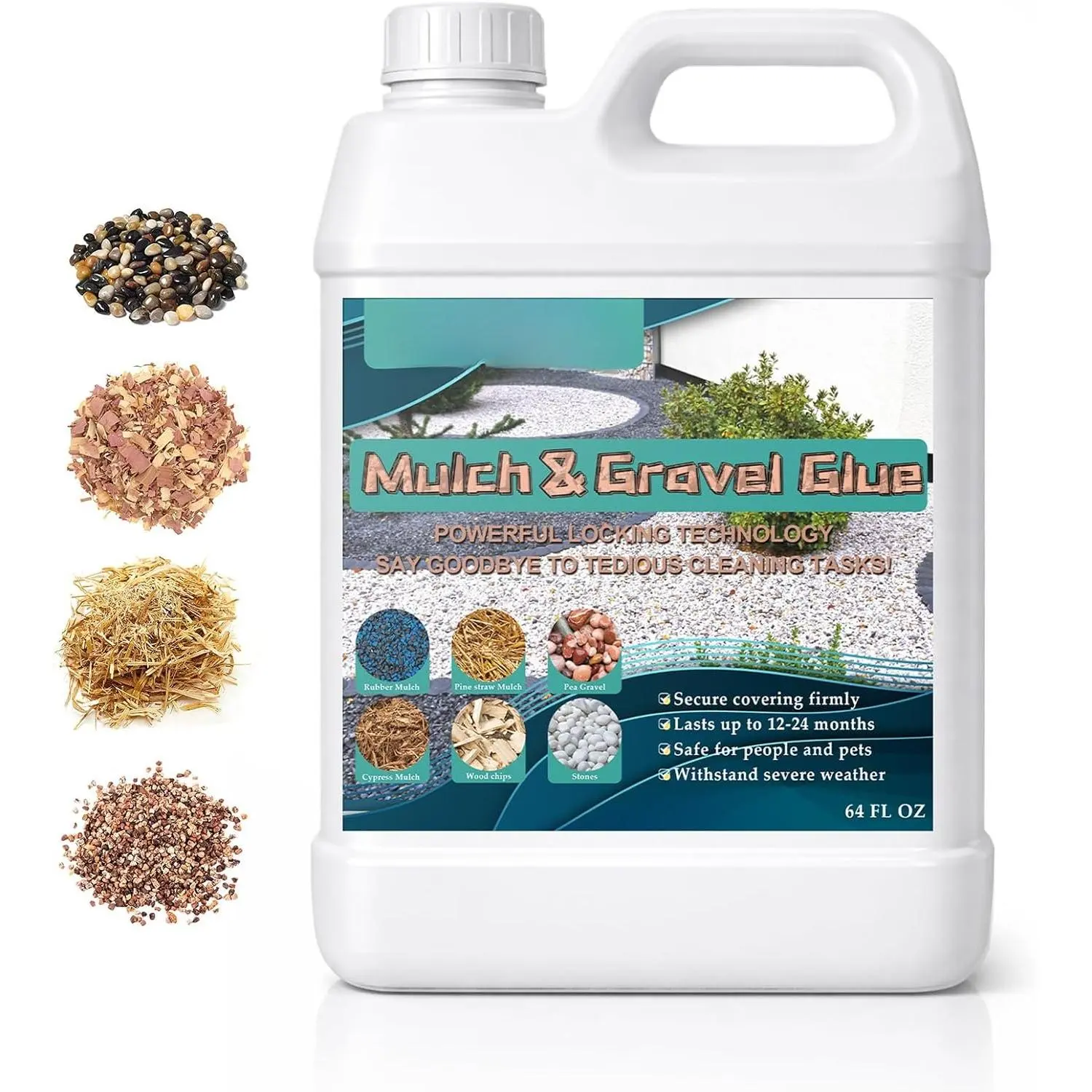 64OZ Mulch & Rock Glue for Landscaping,  Drying Lockdown Sticky Rock Glue, Reliable and  Gravel Binder for Rocks, and Pea Gravel, Lasts up to 12-24 Months