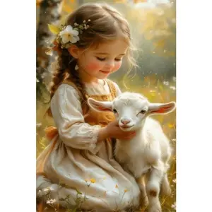 5D DIY Diamond Painting Kit with Tools Unframed Girl and Lamb Design Sparkling Rhinestone Art Home Decor Wall Decoration Craft for Living Room Bedroom Gift for Adults Kids