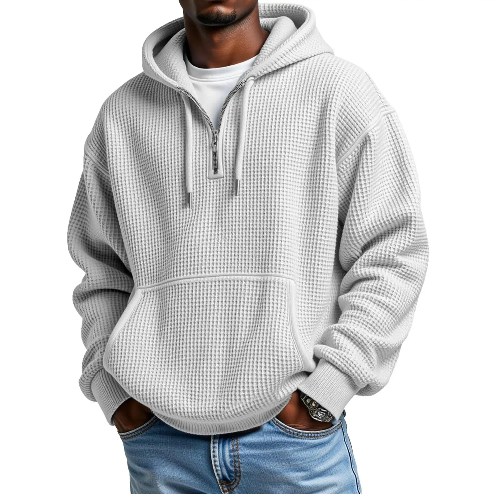 2026 Men's Casual Loose-Fit Zip-Up Hoodie with Drawstring – Autumn/Winter Style (Cross-Border/Western Market)
