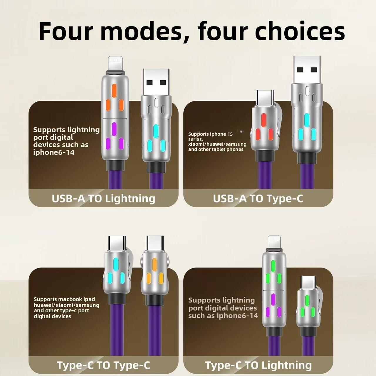 240W 4-in-1 Fast Charging Cable with LED Light, Multi Charger Cord with USB C/Lightning, Super Fast Charge Compatible with iPhone 17 16 Pro, Samsung, MacBook