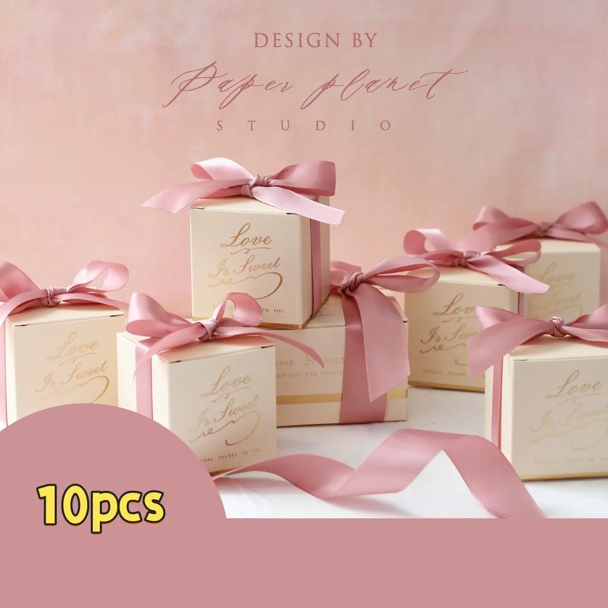 Elegant Square Wedding Favor Boxes with Satin Ribbon, Love Is Sweet Candy Gift Box, Bridal Shower Wedding Party Guest Souvenir Packaging Boxes, Gift Boxes for Presents