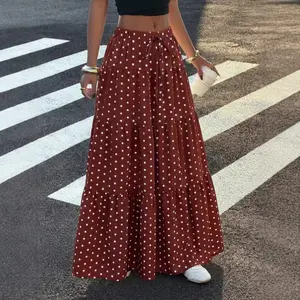 Casual Polka Dot Flowy Maxi Skirt Y2K Streetwear Cute Tiered Skirt Vacation Outfit
