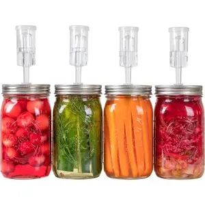 Fermentation Lids for Wide Mouth Mason Jars, Stainless Steel Auto Venting Fermenting Lid Kit with Airlocks & Silicone Grommets for Pickles, Kimchi & Sauerkraut, 4 Pack, No Jars Included