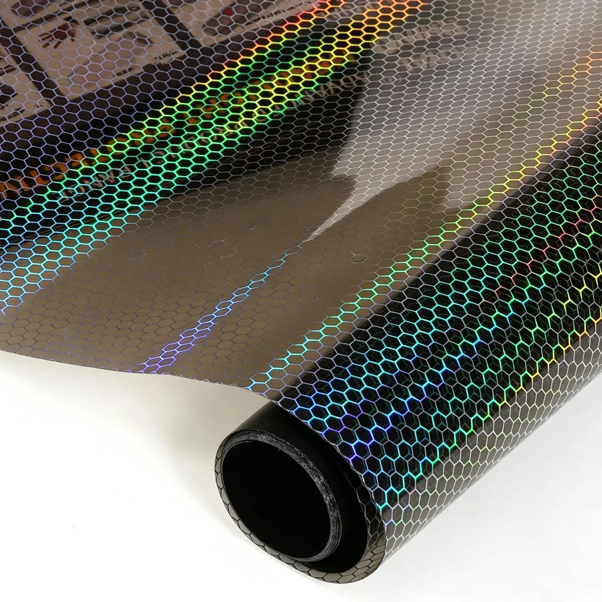 Premium PET Glossy Rainbow Chrome Holographic Hex Honeycomb Black Vinyl Wrap Film With Air Release Self Adhesive Car Motorcycle Foil Roll Sticker Decal Car Decals