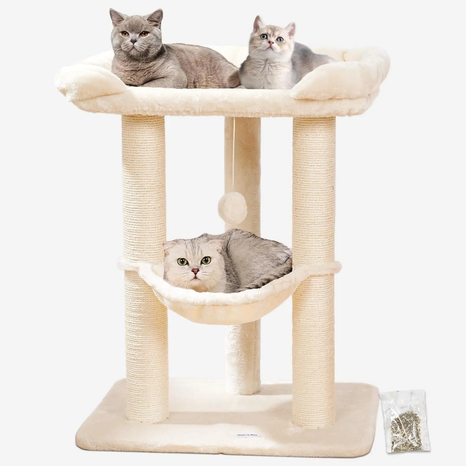 Cat Tree, Cat Scratching Posts with Large Bed for Big Cats | Beige, Small Cat Tower, 28" Tall For Window Viewing, 23.6"x15.7" Large Cat Bed, Cat Hammock, Removable Cover, Solid Structure