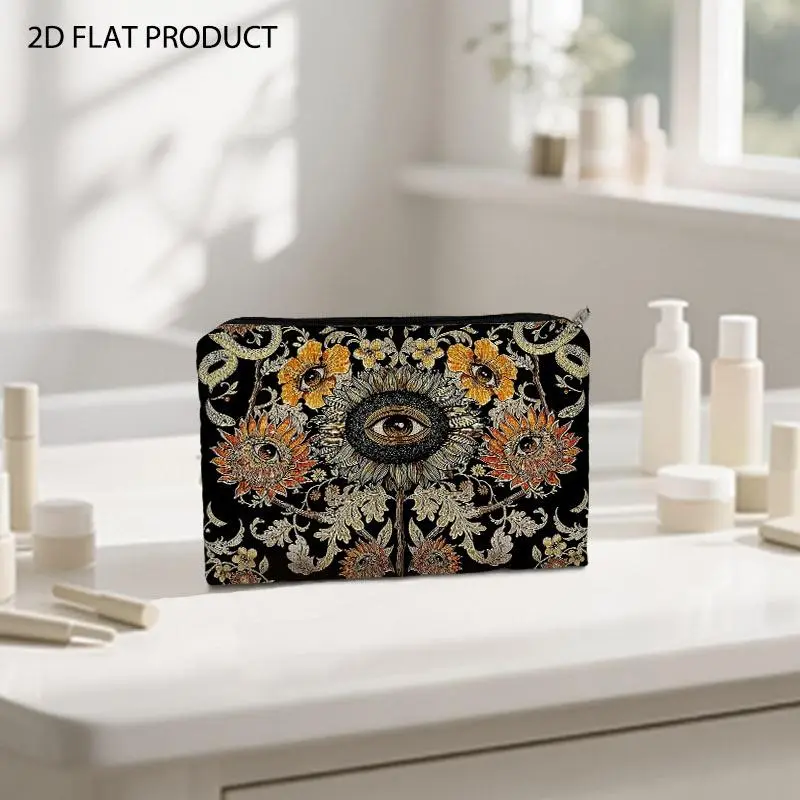Mystical Eye Sunflower Tattoo Style Print Cosmetic Bag, Double-sided Decorative Makeup Organizer, 5.9*8.66inch Portable Pouch for Daily Beauty Storage & Travel Use