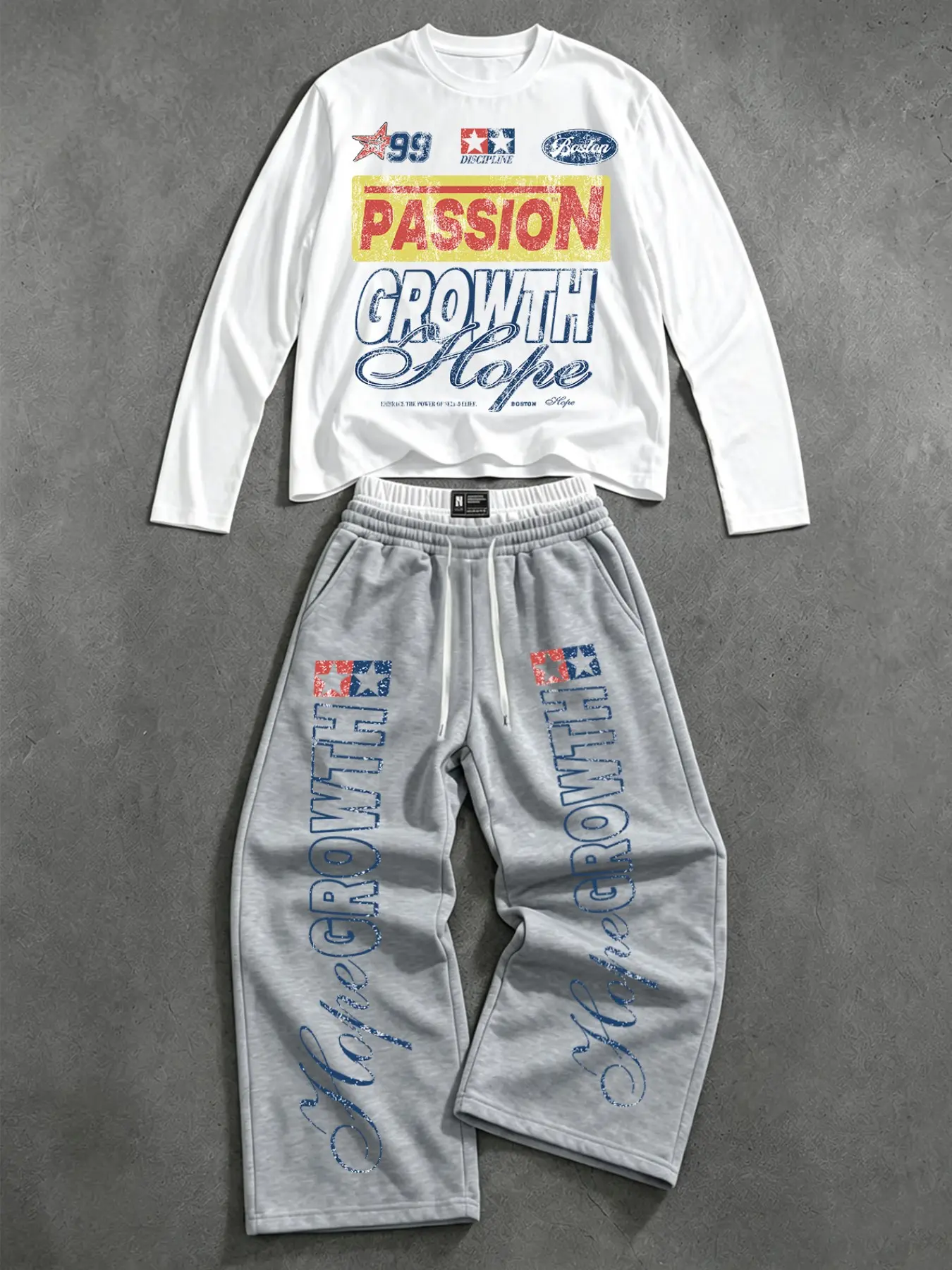 90s Retro Motorsport Unisex Outfit Set Faded Vintage Hope Growth Graphic Long Sleeve Top High Waist Wide Leg Sweatpants Soft Skin Friendly Fabric Contrast Waistband Casual Streetwear OOTD Spring Autumn Daily Urban Racing Style Matching Set