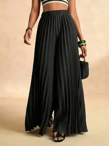 Women's Pure Pleated Wide Leg Casual Pants, High Waist Elastic Drop Hem Loose Long Pants, Comfortable and Stylish Everyday Wear