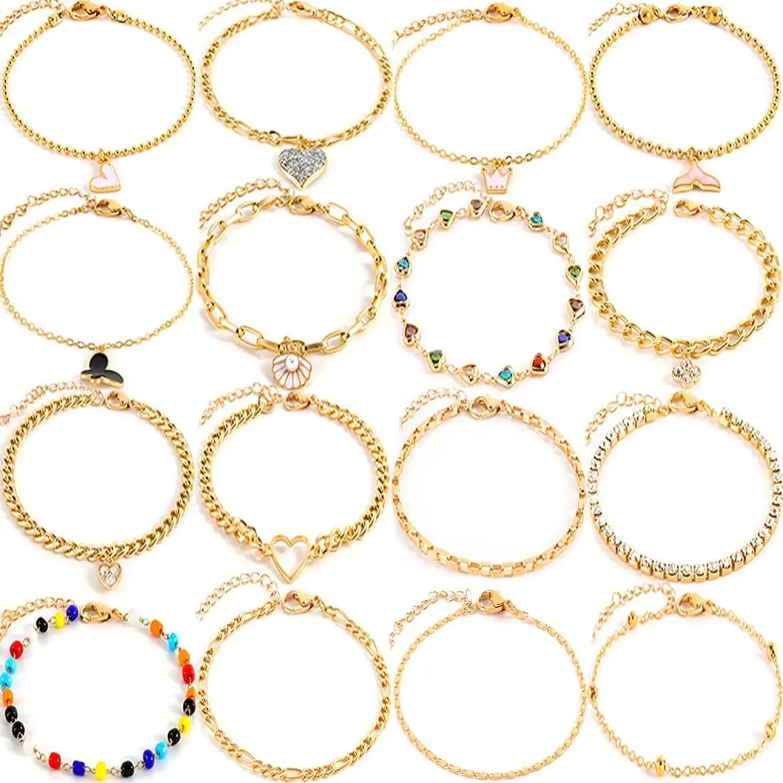 16 count  Plated Bracelets for Women Layered Chain Bracelets Adjustable Cute Bangle Link Bracelet Sets