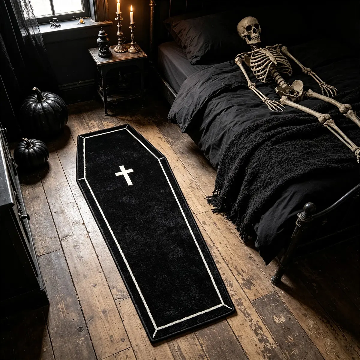 Minimalist Border Cross Coffin Rug, Halloween Long Runner Carpet, Gothic Bedroom Bedside Mat, Halloween Gift, Halloween Party Decor