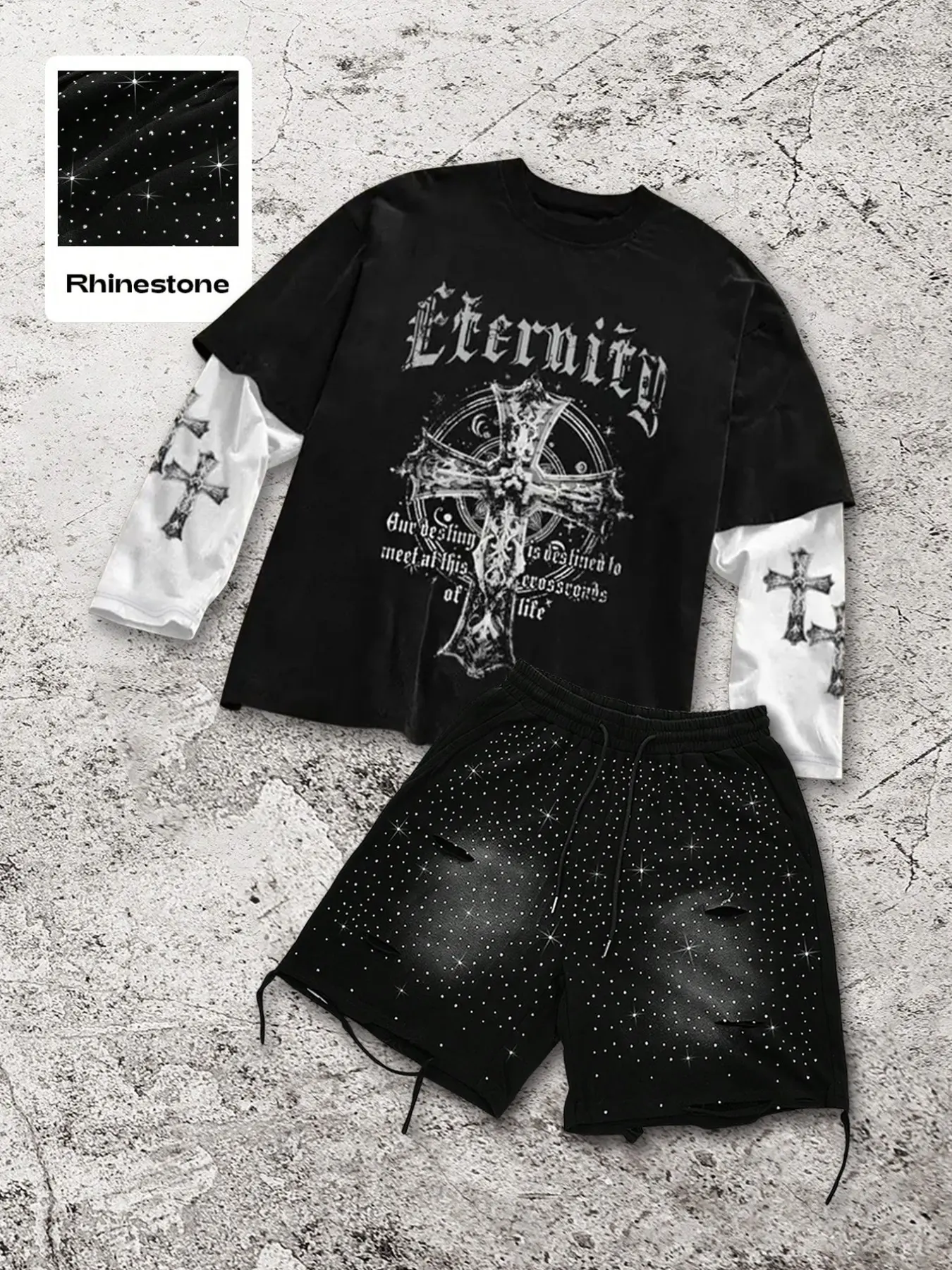 Men's two-piece set: a printed long-sleeved T-shirt and a pair of shorts. These shorts feature a gothic streetwear design with distressed details and rhinestones, making them a casual streetwear piece suitable for all seasons.