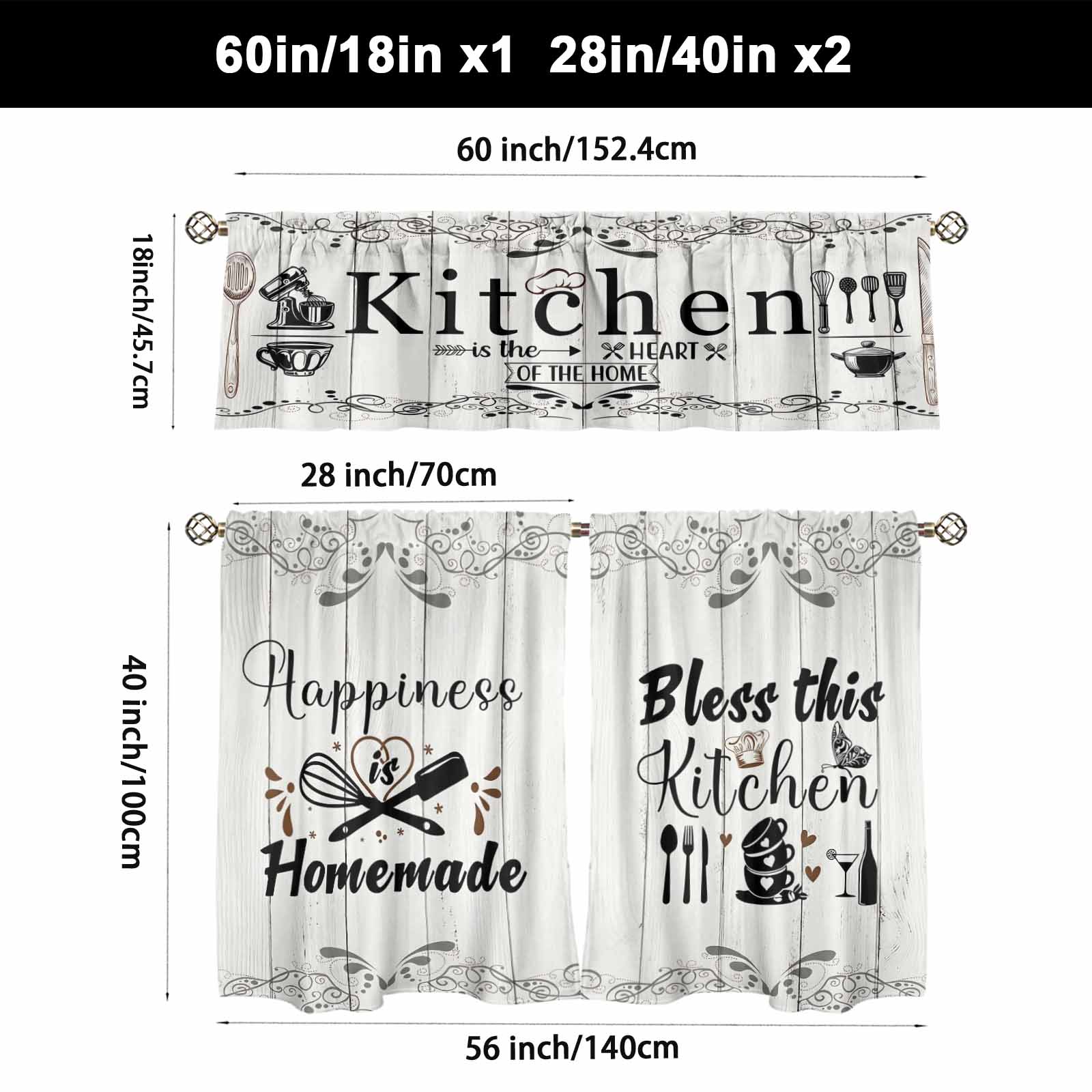 SoftHaven Home Made in USA Vintage Rustic Farmhouse 3-Piece Kitchen Curtains & Valances Set, Elegant Country Style Rod Pocket Window Drapes, Reusable Washable Polyester Home Decor for Kitchen Windows