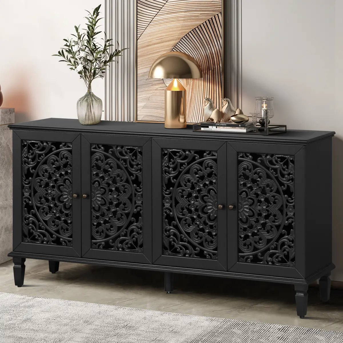 Vintage Sideboard Buffet Table Accent Credenza Storage Cabinet with 4 Hollow Carving Doors Adjustable Shelves Wood Legs for Kitchen Dining Living Room Entryway 60 Inch Antique Black