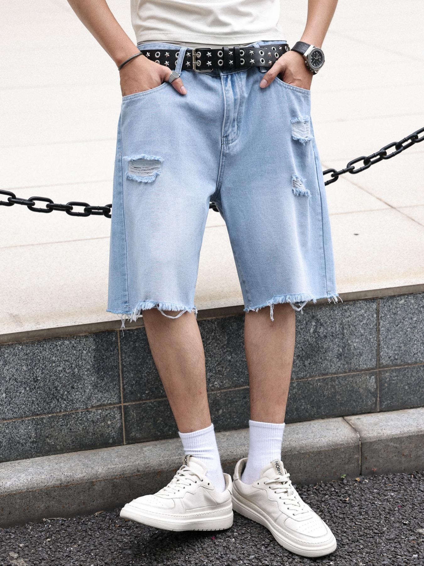 Men's washed retro color denim shorts, trendy, versatile, loose straight-leg casual streetwear denim five-point pants