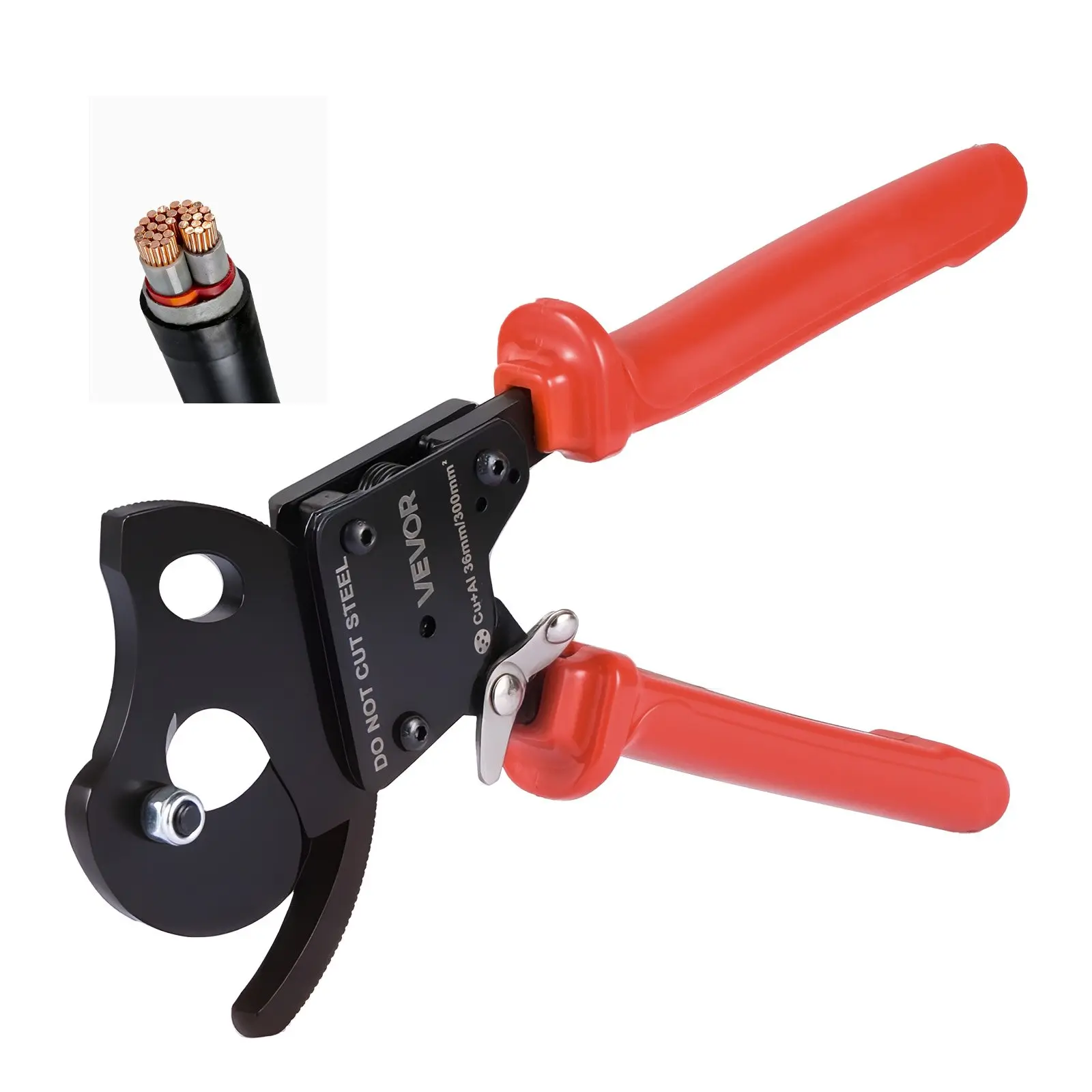 VEVOR Ratcheting Cable Cutter, Spring Steel Blades with PVC-Coated Handles, Quick-Release Button, Heavy Duty Ratchet Cable Wire Cutter for Cutting Copper Aluminum Cables Up to 600 MCM/ 300 mm