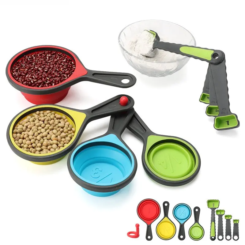 Foldable Measuring Cups and Spoons Set, Silicone Color-Coded Metric and Us Cup Sizes, Space-Saving Kitchen Tools, Baking Supplies