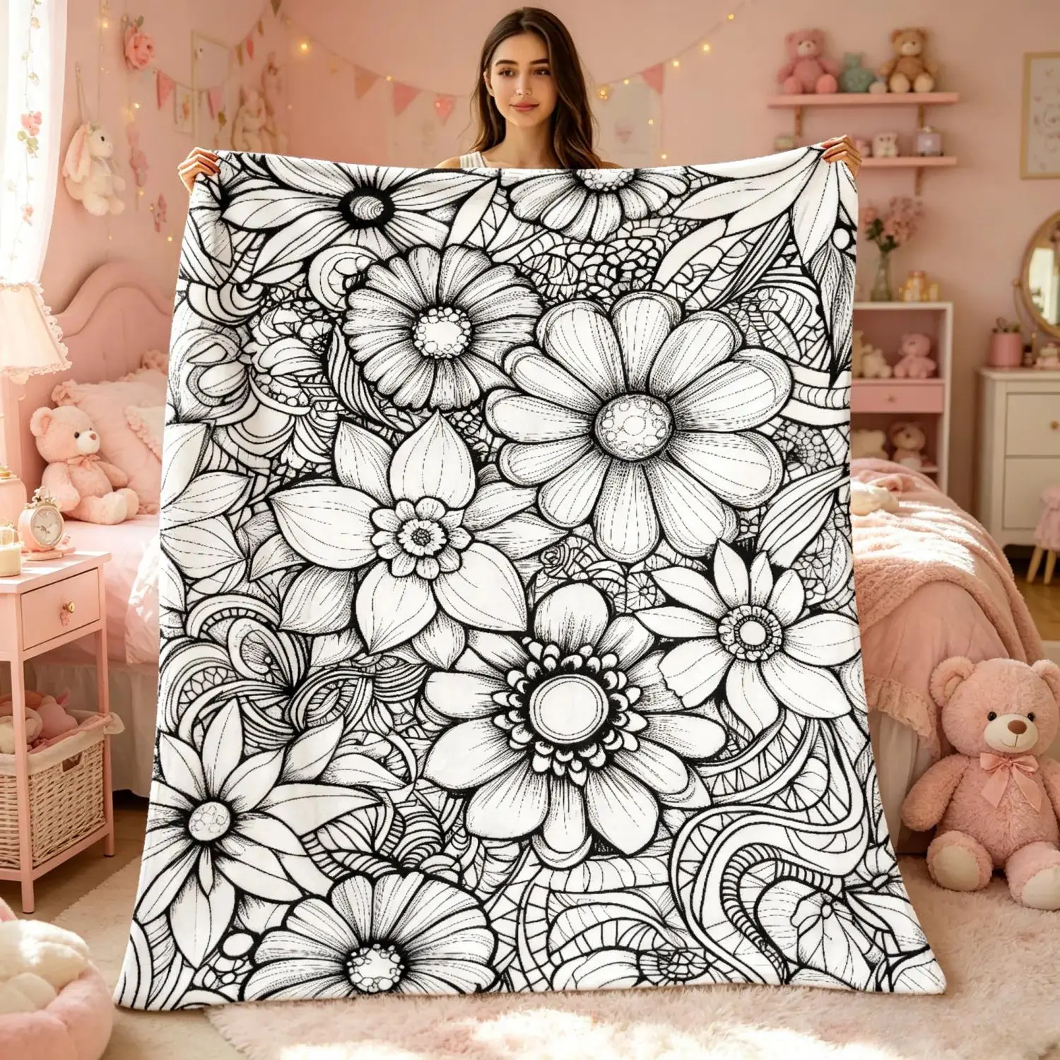 2D Flat Black White Daisy Line Art Flannel Fabric Throw Blanket - Ultra Soft Lightweight Multi-Size All Season, Digital Print Traditional Look Home & Outdoors Decor Bedding Gift for Floral Art Lovers