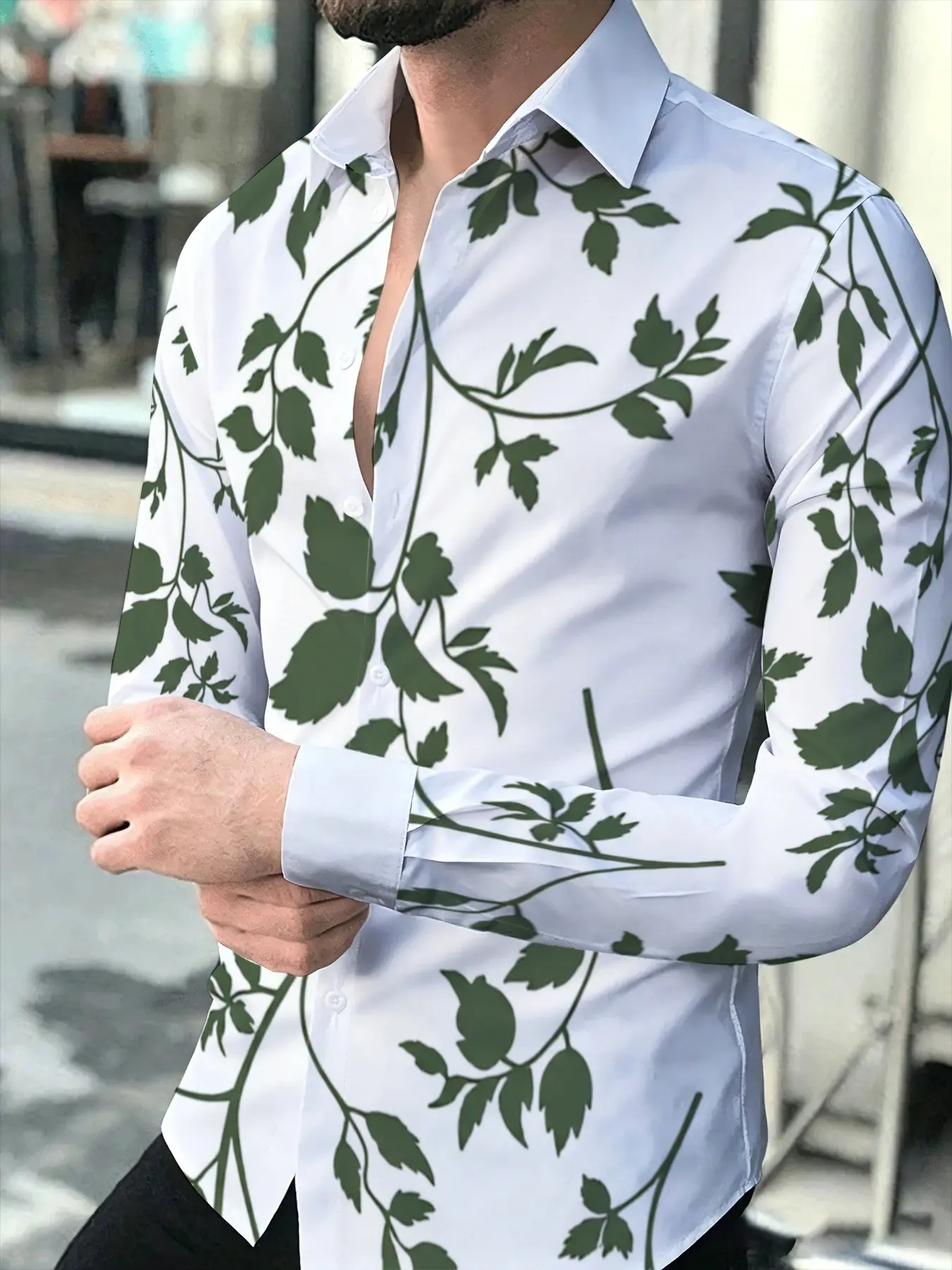 Men's Lapel Long Sleeve Slim Fit Shirt Suitable For Business Casual Commute And Daily Occasions Simple White Base With Branch And Leaf Element Design Crisp Version Fits Comfortably Suitable For Party Date Gathering And Travel Wear
