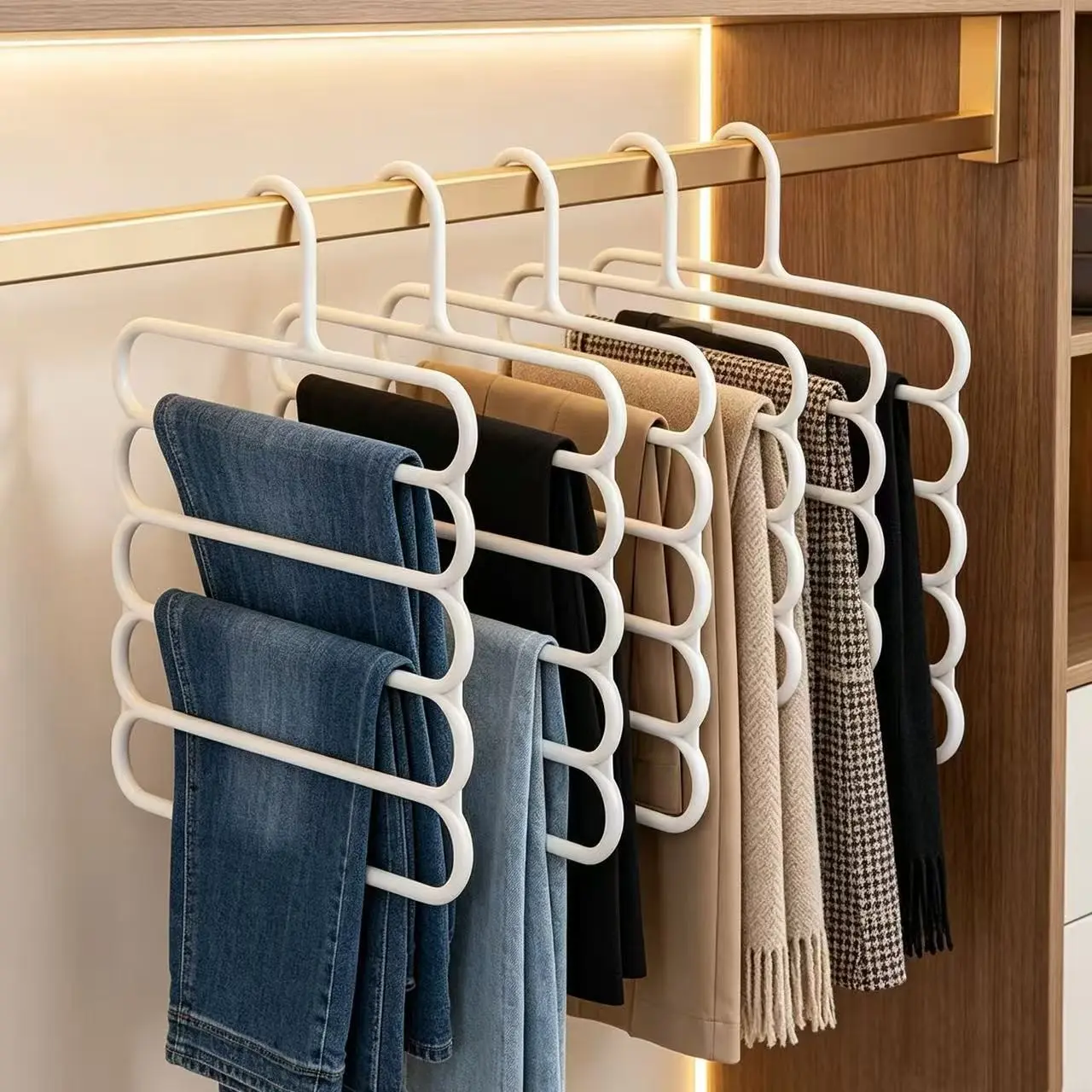 5pcs S-Type Multi-Layer Pants Rack, Space Saving Plastic Clothes Hanger, Closet Storage Organizer for Pants Jeans Trousers Skirts Scarf
