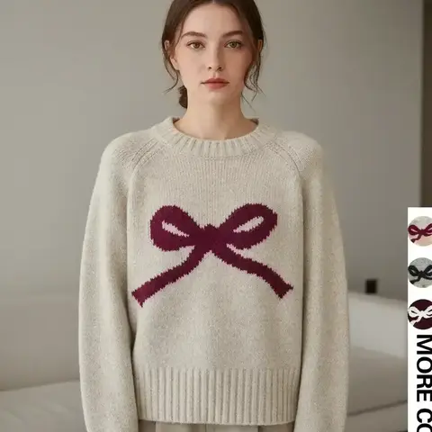 Women's Fashion Basic Sweater Pullover, Knitwear Garment, Round Neck Crewneck Drop Shoulder Long Sleeves Design, Cute Bowknot Decoration, Casual Loose Fit Spring & Fall Daily Wear, Womenswear Tops, Fall Winter Pullover