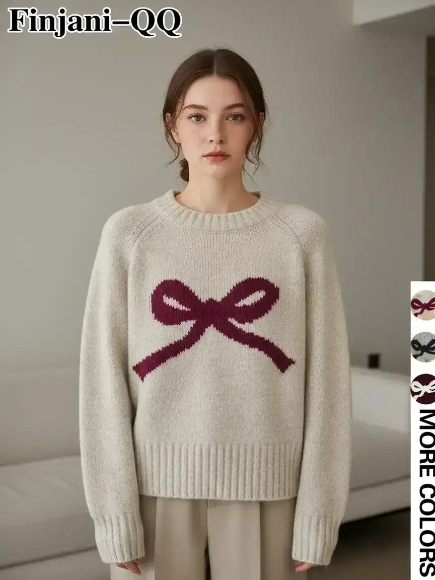 Women's Fashion Basic Sweater Pullover, Knitwear Garment, Round Neck Crewneck Drop Shoulder Long Sleeves Design, Cute Bowknot Decoration, Casual Loose Fit Spring & Fall Daily Wear, Womenswear Tops, Fall Winter Pullover
