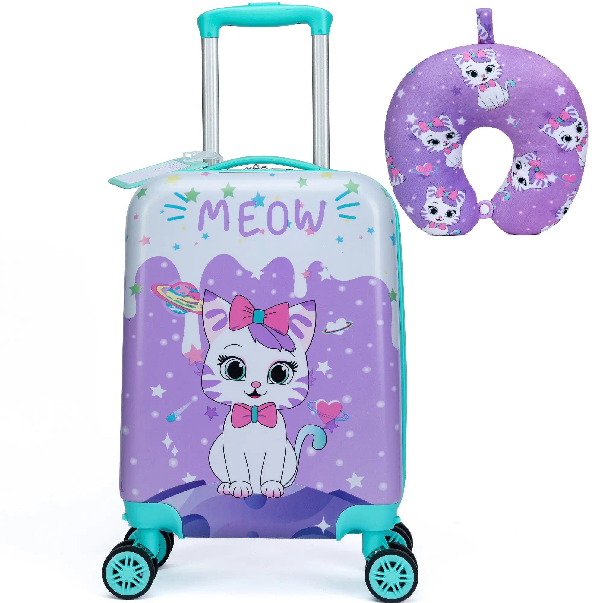 Kids Spinner Luggage Set Girls Hard Shell Suitcase with Travel Neck Pillow Luggage Tag Purple Meow Cat Theme Trolley Case