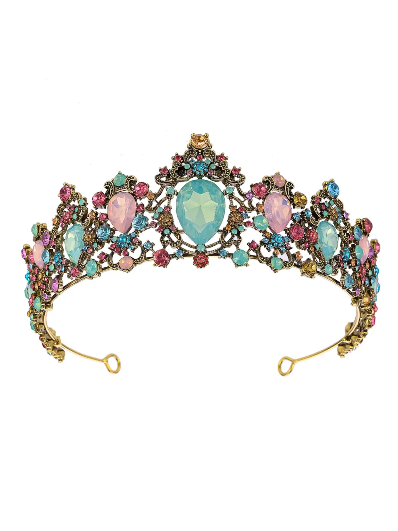 European and American bride alloy bridal crown, vintage gold with multicolored diamond tiara princess headpiece jewelry